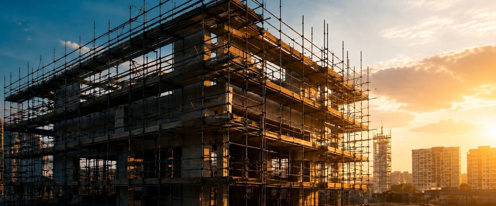 Obra em andamento com equipamentos para construção civil